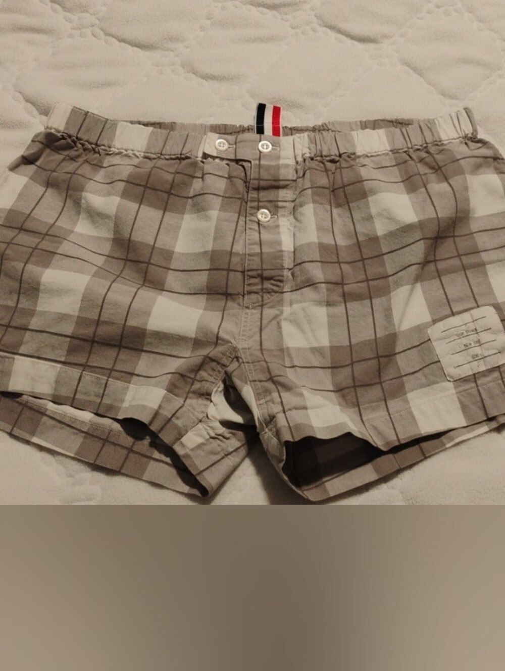 Thom Browne Beige and White Plaid Kids Shorts